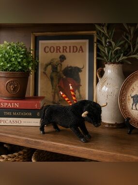 Vintage Spanish Bull Plush Figurine Matador Souvenir Banderillas 7 Inch